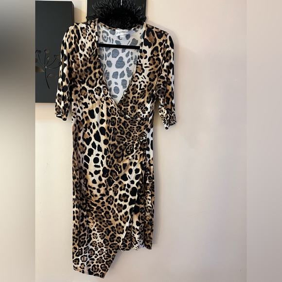 Joseph Ribkoff leopard print faux wrap midi dress. V-neck hanker-chief detail - Picture 7 of 7